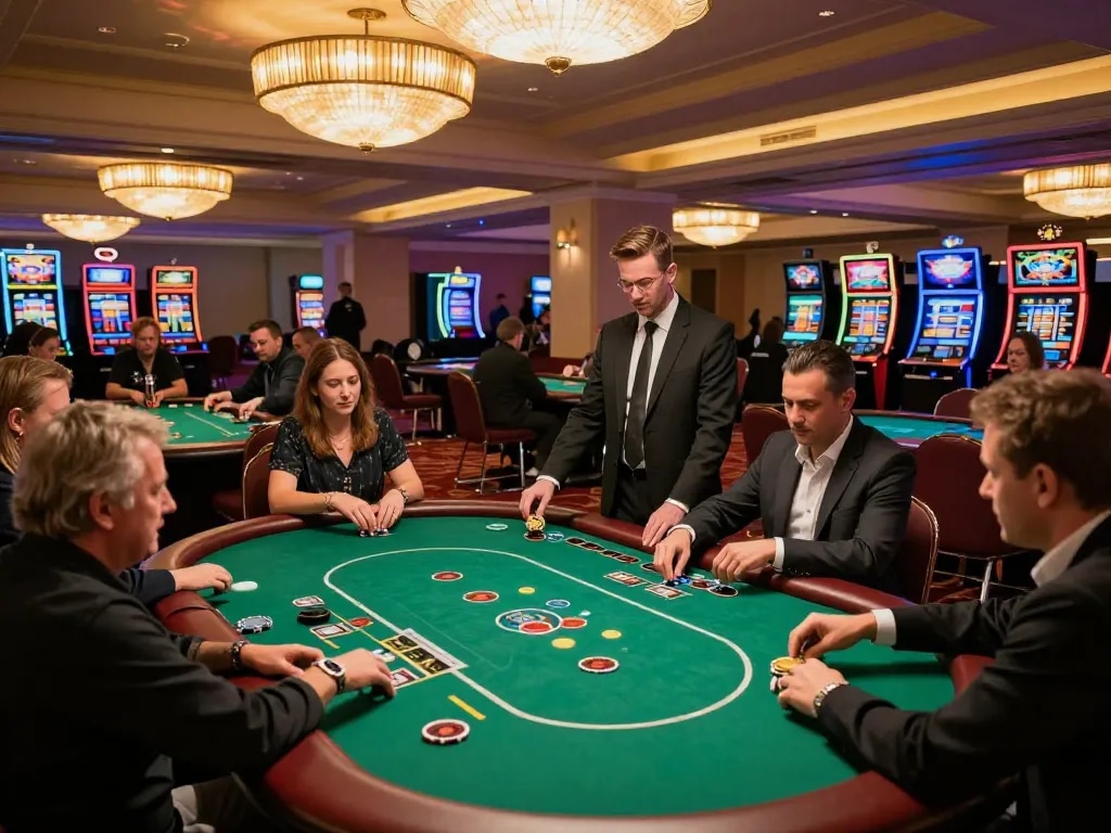 Players engaging in strategic poker gameplay at SC888 casino, vibrant floor ambiance with chip stacks