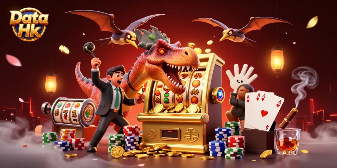 Data Hk slots come alive as a dinosaur headbutts a golden machine amid flying coins.