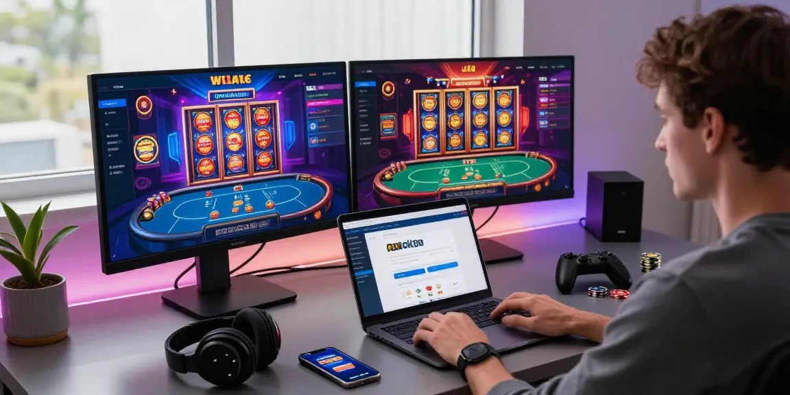Experience seamless rokok88 login in a vibrant online gambling setup featuring dual monitors and gaming decor