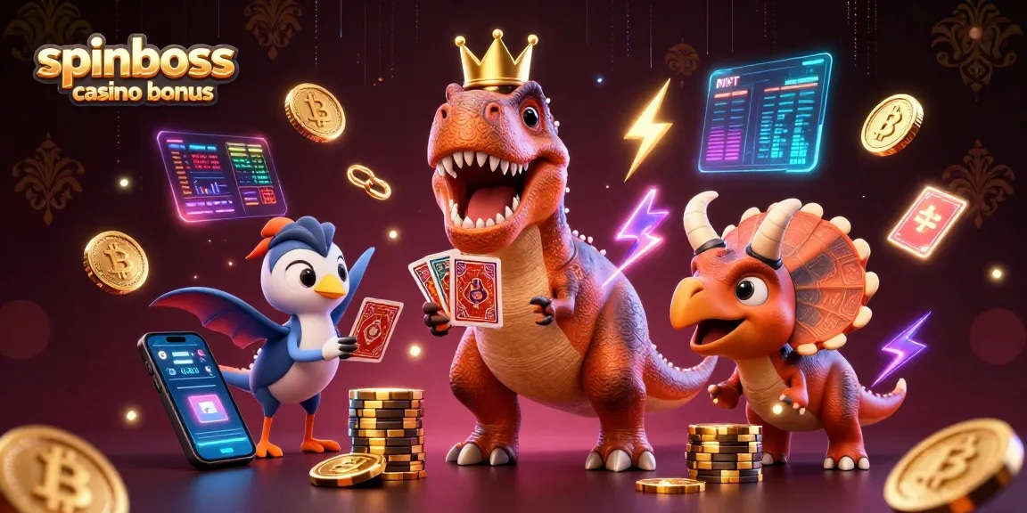 Spinboss Casino Bonus: T-Rex spielt Karten, während Pterodaktylus helfen und Triceratops Chips stapelt.