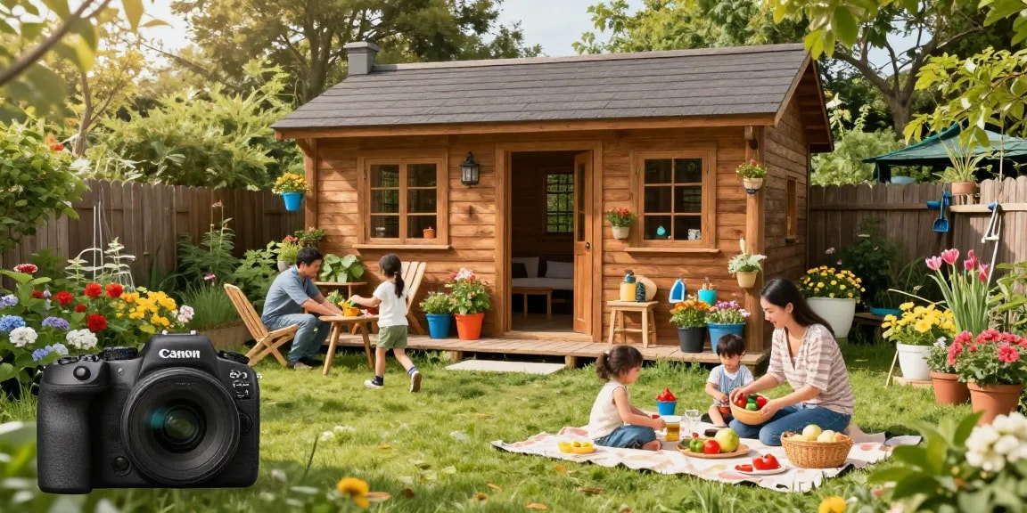 Gemütliches Gartenhaus aus Holz im Garten mit Blumen und spielenden Kindern