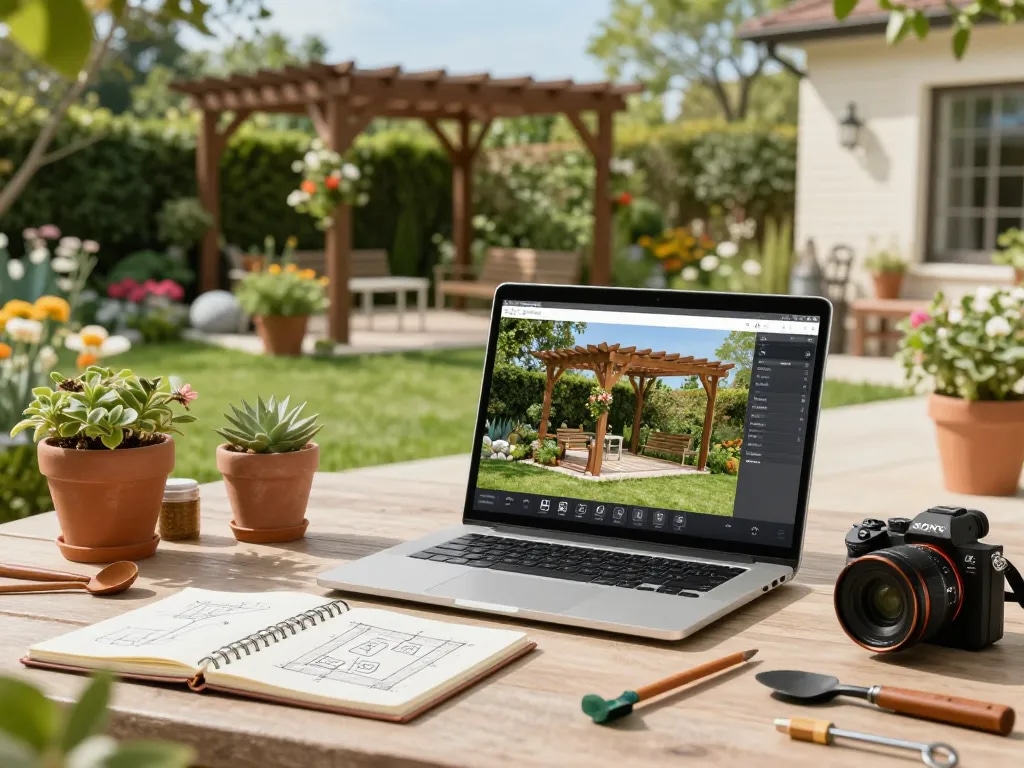 Visualisierung eines Pergola-Konfigurators mit 3D-Design auf einem Laptop in einer wunderschönen Gartenumgebung mit Pflanzen und Werkzeugen.