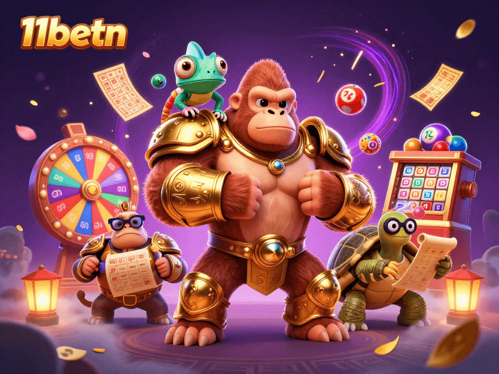 Engage with thrilling 11betn gaming action featuring a gorilla king and vibrant casino elements.