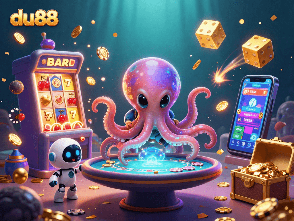 Play exciting games at du88 with a vibrant alien octopus and robot amidst dynamic casino elements.