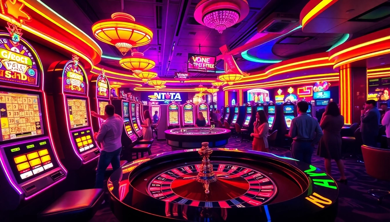 Experience the latest Casino Bonus offers in a lively, vibrant casino setting filled with glowing lights and excited players.