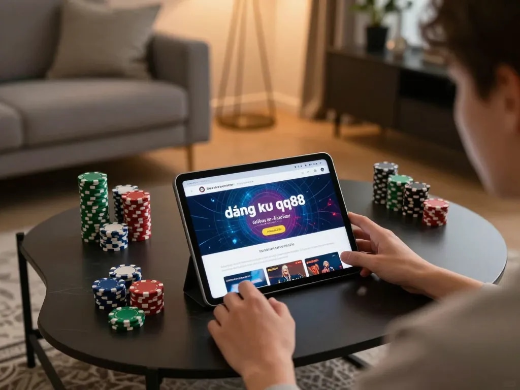 Engaging with đăng ký qq88 on a tablet, showcasing an inviting online gambling setup at home