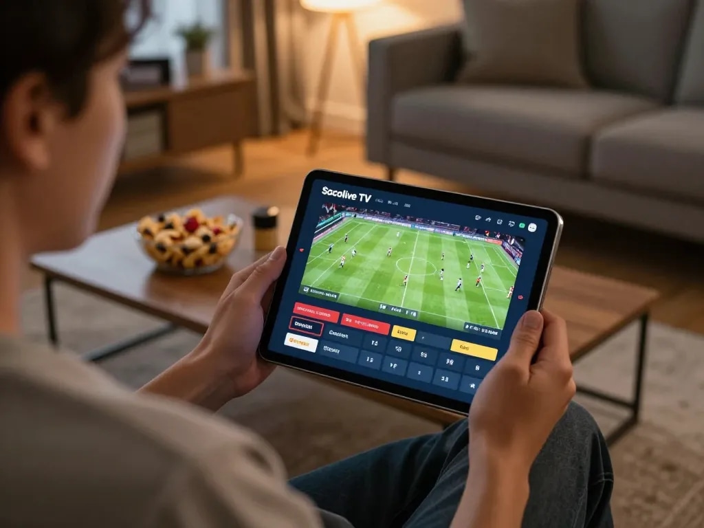Socolive TV user engaged in live sports betting from a cozy home, showcasing dynamic interface and happy atmosphere.