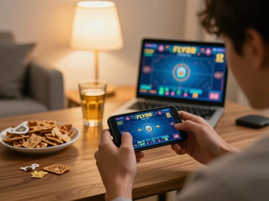 Experience dynamic gaming action on fly88 platform in a cozy home setting.