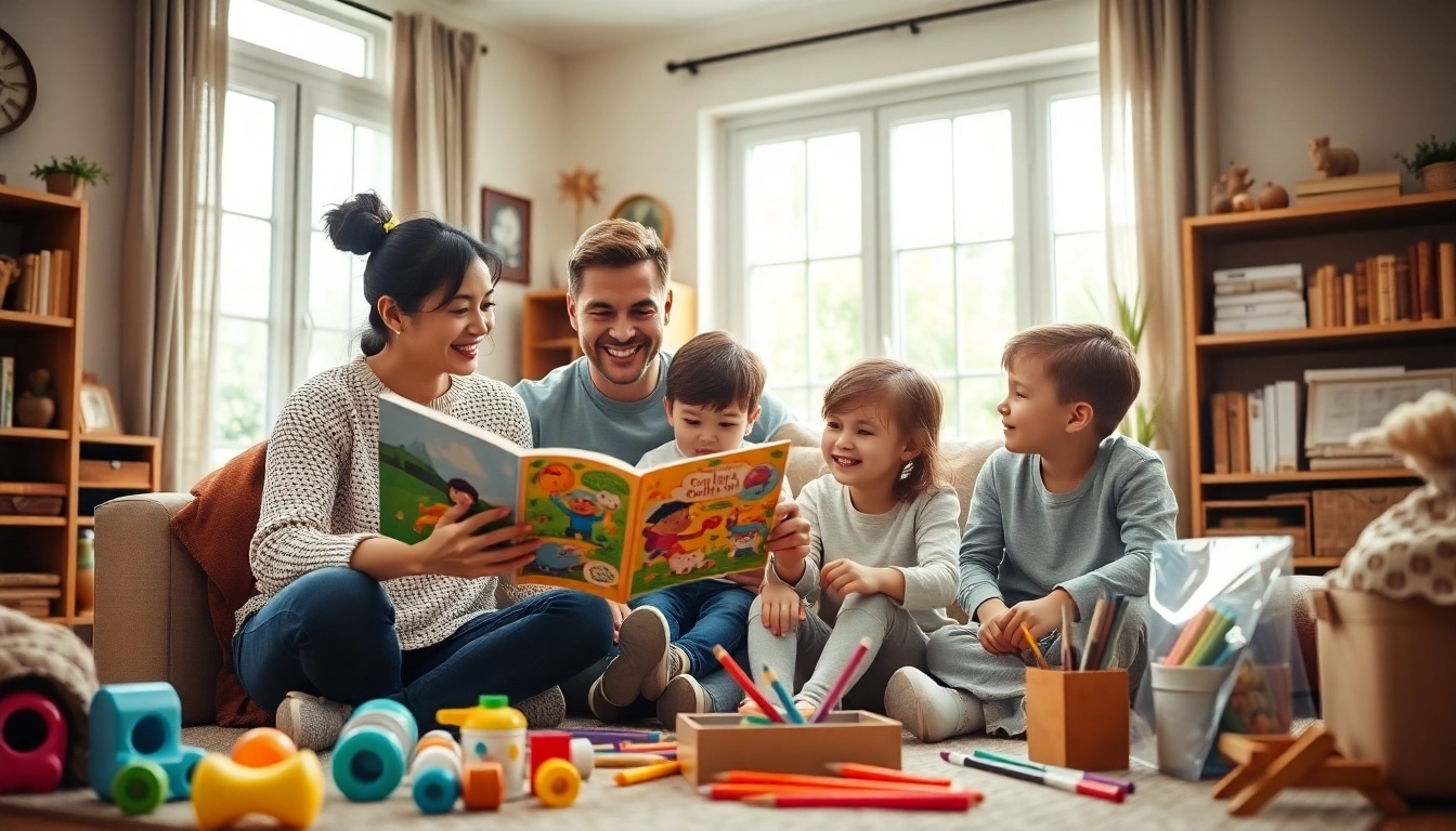 Kindererziehung: Eine liebevolle Familie liest gemeinsam ein Buch in einem einladenden Raum.