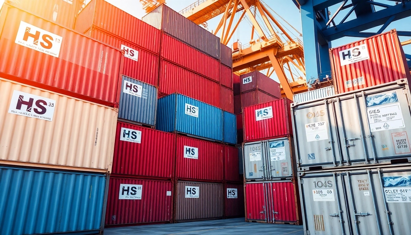 Trade containers displaying HS Codes, symbolizing global commerce and product classification.