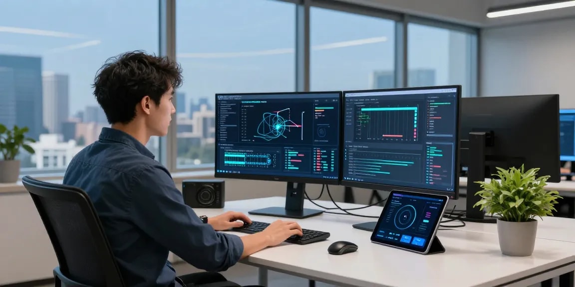 Mullvad VPN Test analysis in a modern digital workspace with multiple screens.