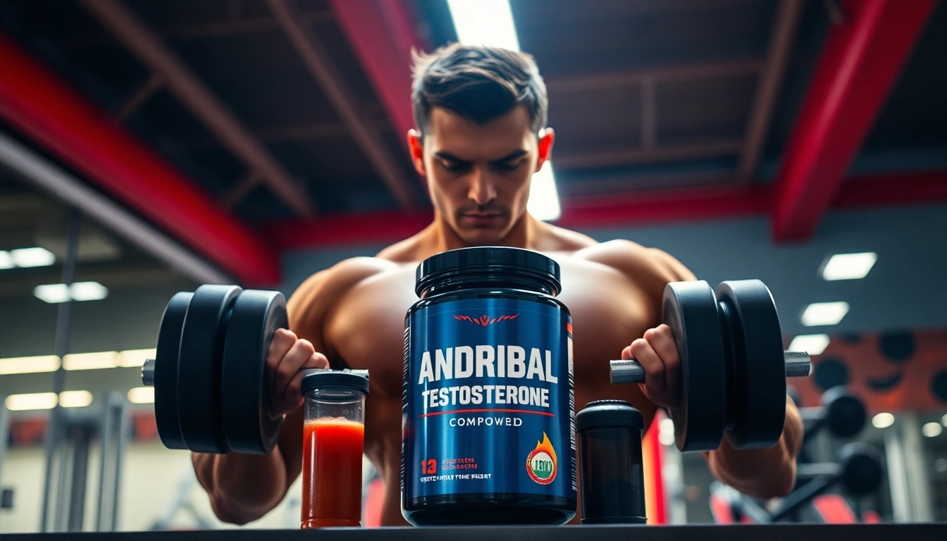 Androbal Testosterone Compound bei einem Bodybuilder im Fitnessstudio.