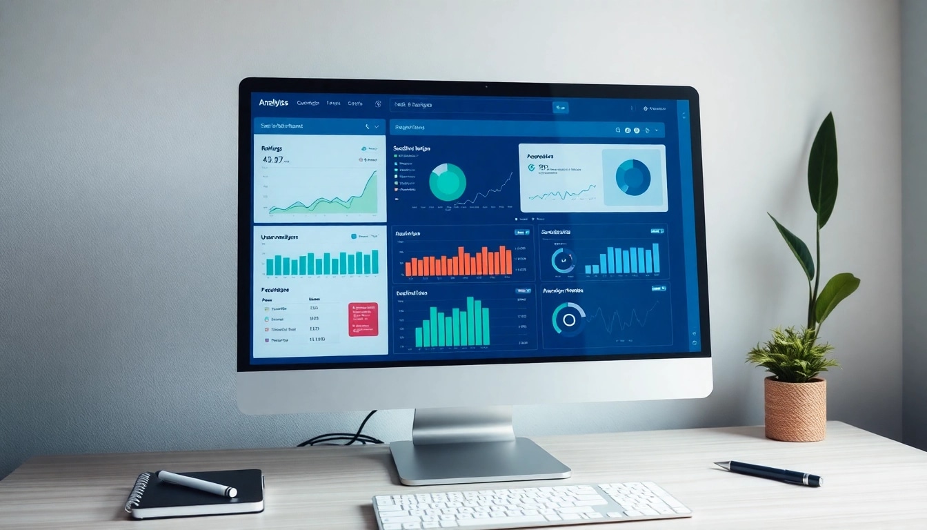 Visualisiere ein modernes Dashboard zur Analyse von SEO-Rankings auf einem Computerbildschirm.