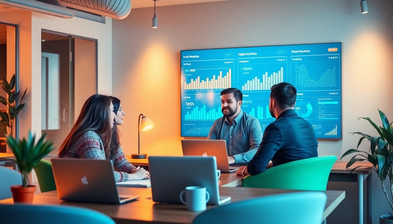 Illustrate a vibrant office scene showcasing digital marketing in Edmonton, with a diverse team collaborating.
