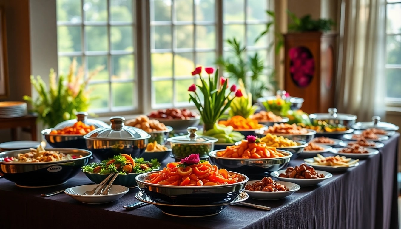 Set a stunning buffet for your partyservice, showcasing a variety of delicious dishes and elegant decorations.