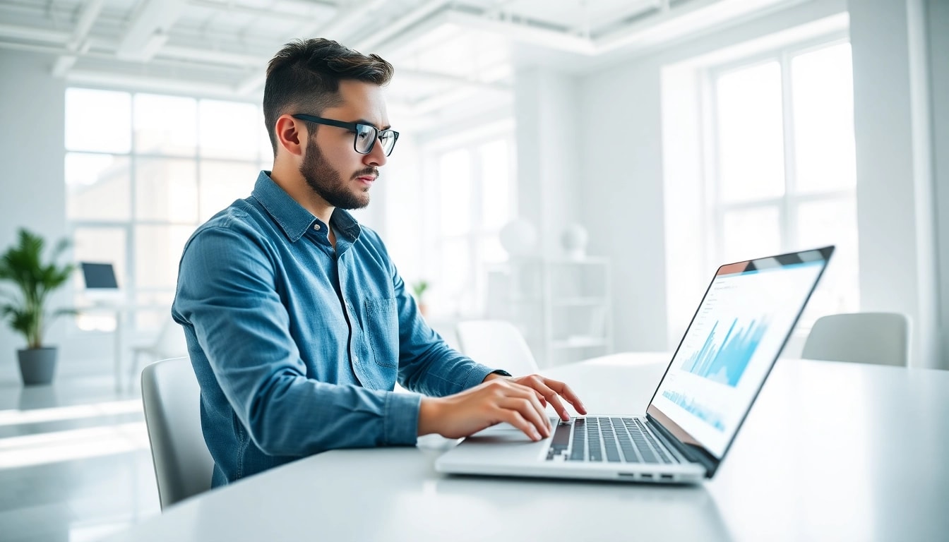 Evodrop Beobachter bei der Datenanalyse in modernem, minimalistischem Büro.