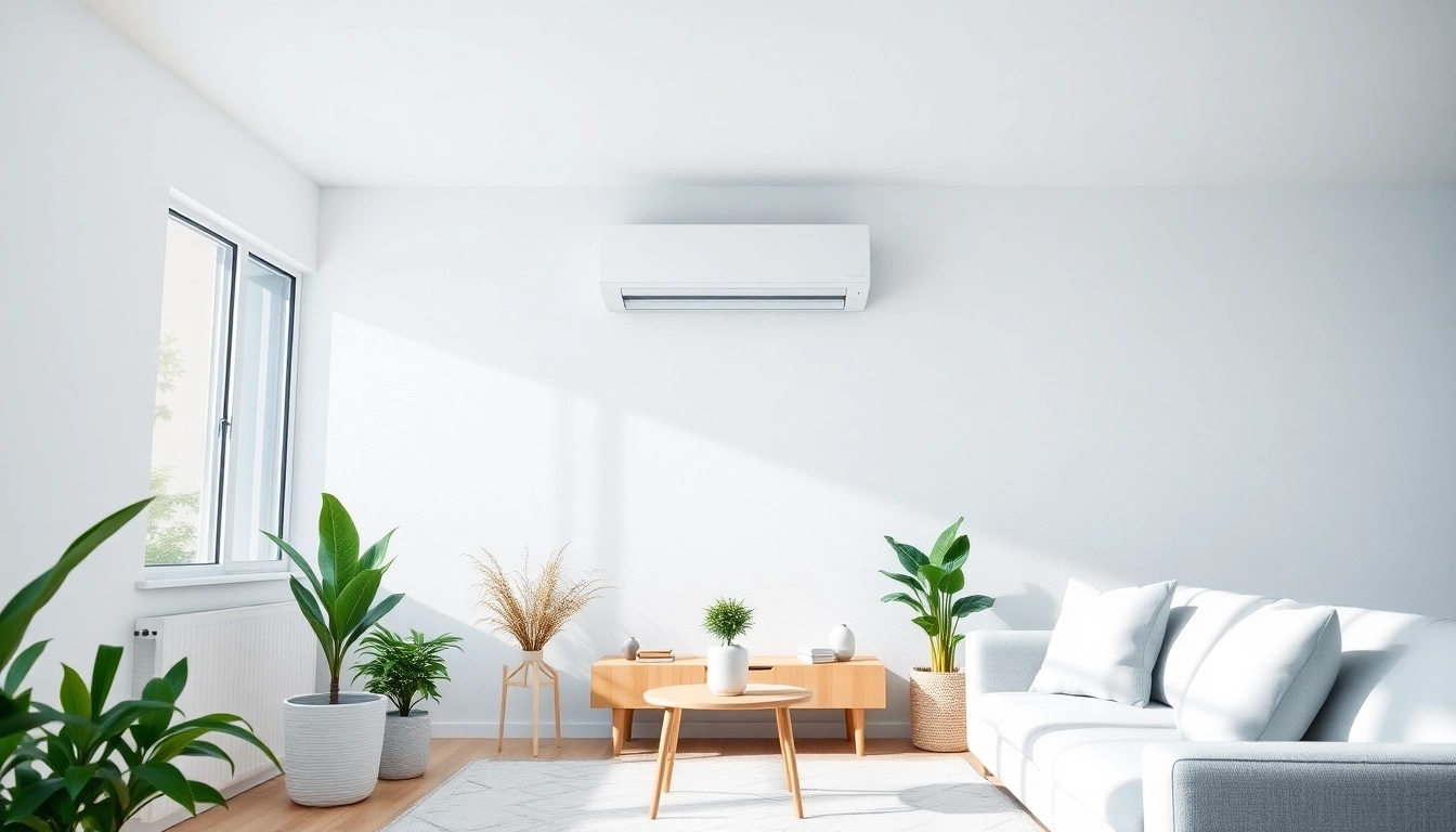 Show a Klimaanlage neatly installed in a contemporary living room, enhancing comfort and atmosphere.