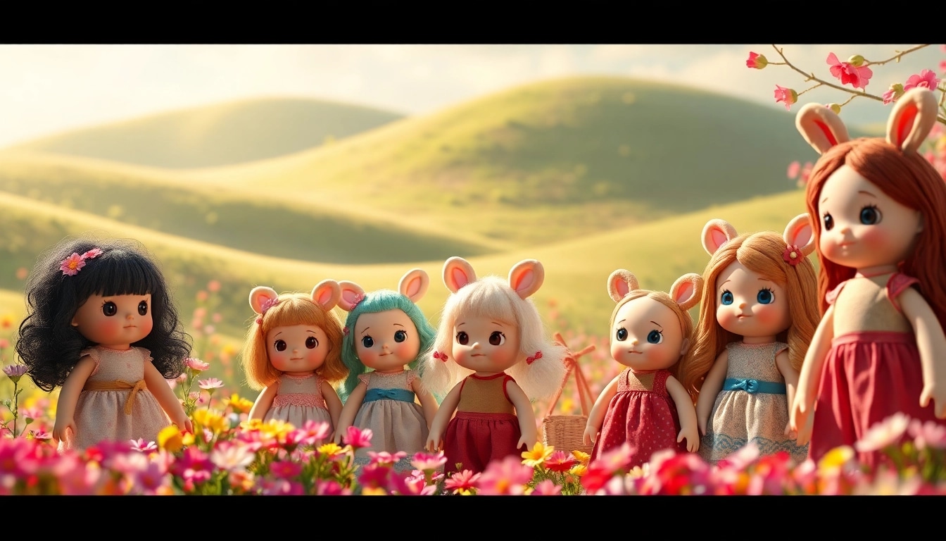 Erfreuen Sie sich an einzigartigen Gutdolls, die in einer lebhaften, zauberhaften Umgebung stehen.