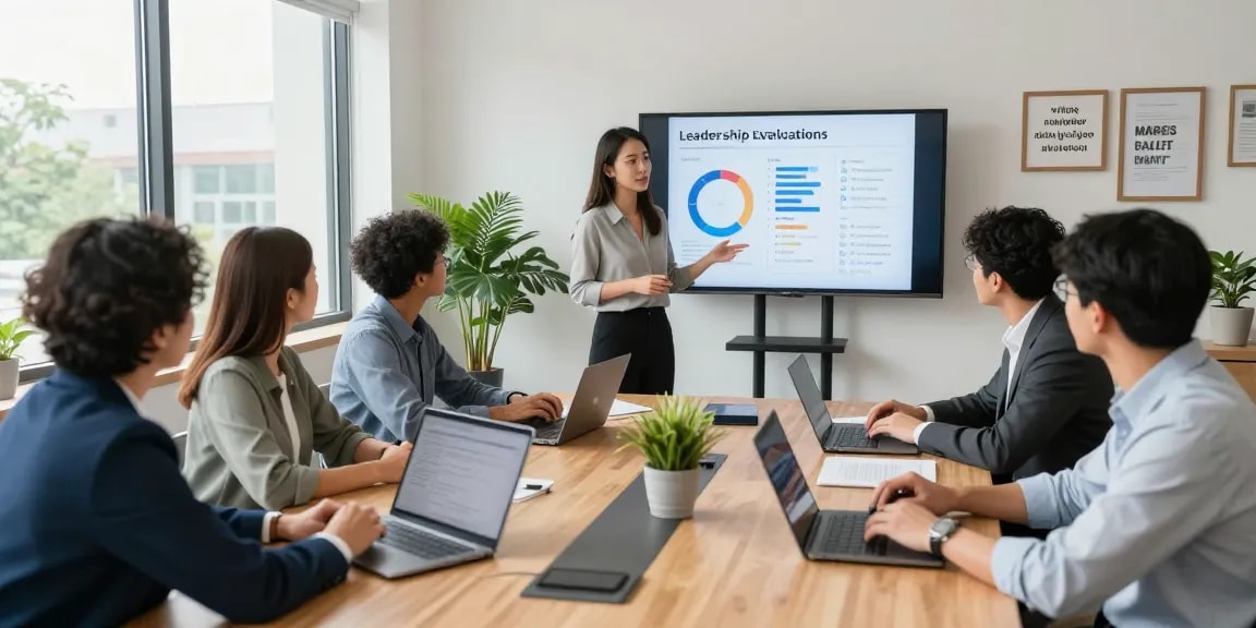 Professionals diskutieren über die Bewertung von Führungskräften in einem modernen Büro, während sie relevante Daten analysieren.
