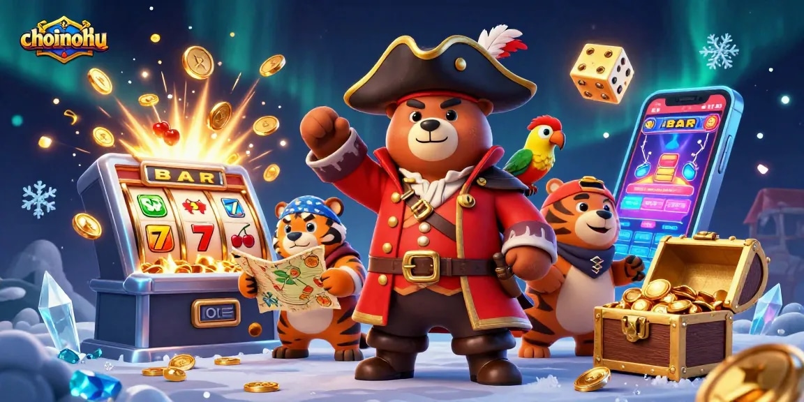 Choinohu slots come alive with a pirate bear and tiger exploring hidden treasure in a vibrant casino realm.