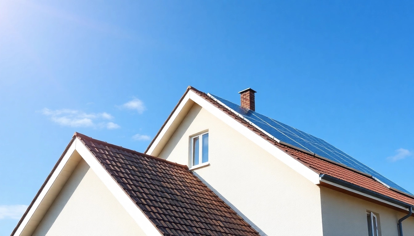 Visualisieren Sie die PV-Kosten einer modernen Photovoltaikanlage auf einem deutschen Hausdach bei klarem Himmel, umweltfreundliche Stimmung.