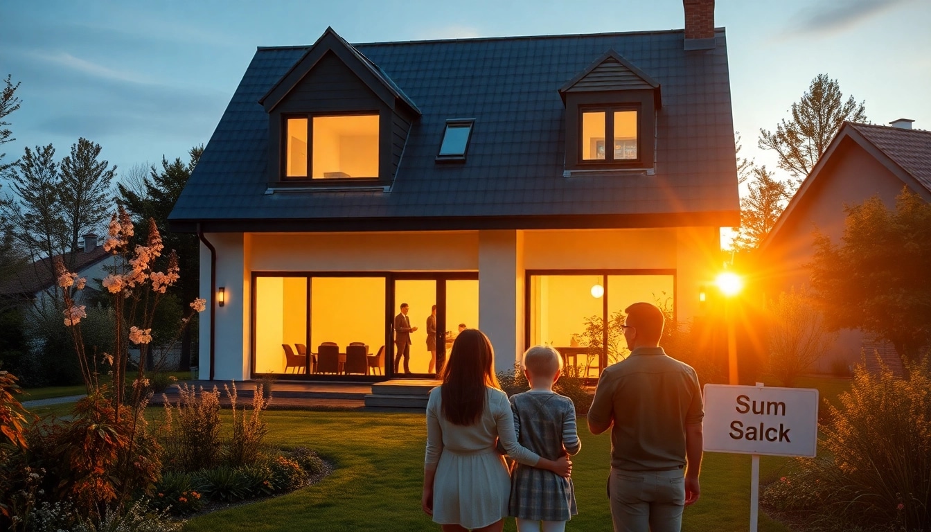 Genießen Sie den Hauskauf mit einer einladenden Familie vor ihrem neuen modernen Zuhause, das von blühenden Gärten umgeben ist.