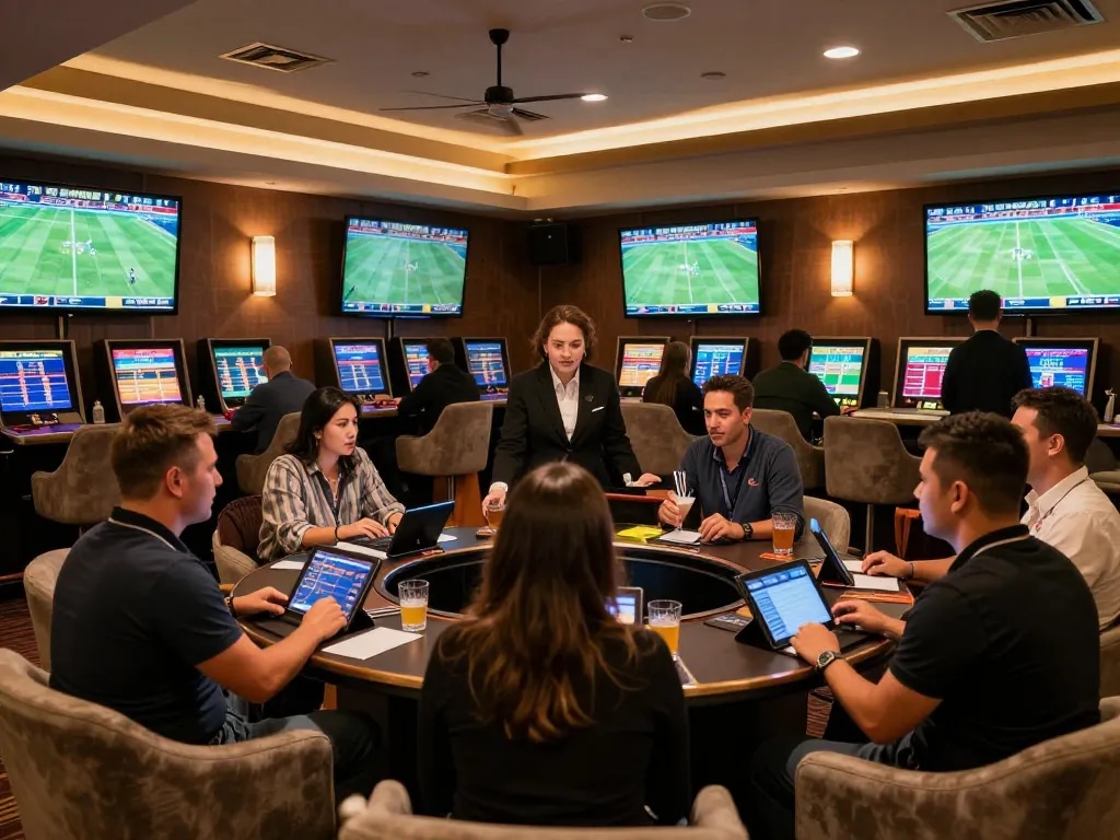 Betting enthusiasts analyzing odds at MB66 sports lounge during live games