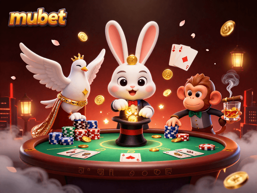 Experience thrilling wins at mubet with a vibrant casino scene featuring a magician and poker action.