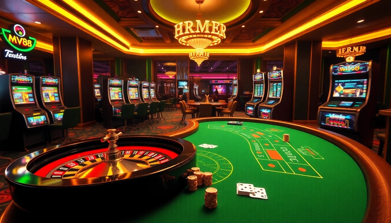 Betting excitement at the mv88 casino with a luxurious roulette wheel and vibrant slot machines.
