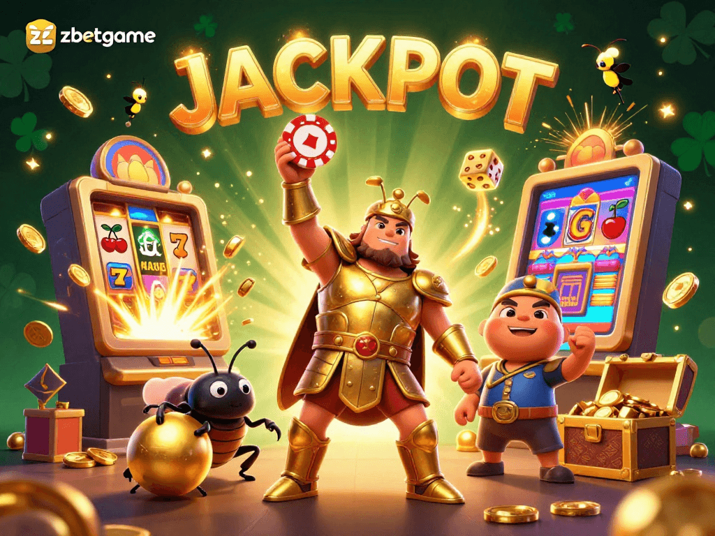 Play and win big at zbetgame with this vibrant 3D gaming scene showcasing exciting casino elements and a jackpot celebration!