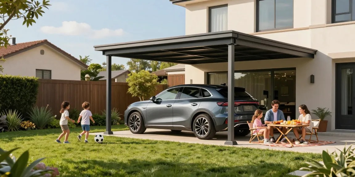Moderner Carport in einer einladenden Gartenlandschaft mit Familie und Auto