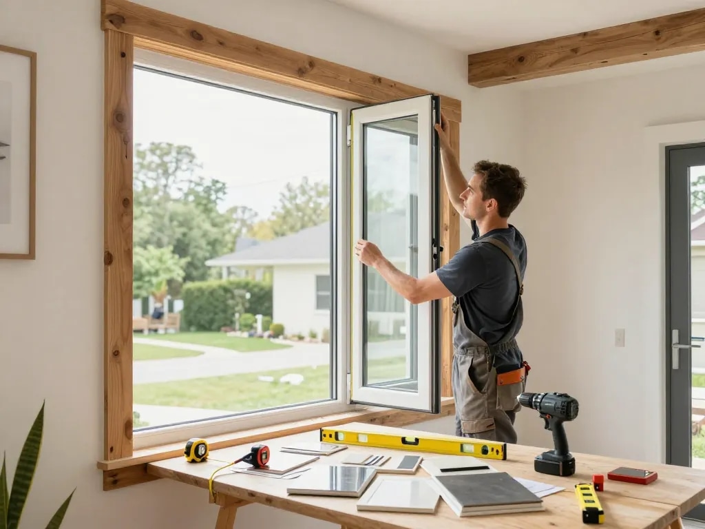 Professioneller Fensterbauer in Köln misst energieeffiziente Fenster in einem modernen Wohnumfeld.