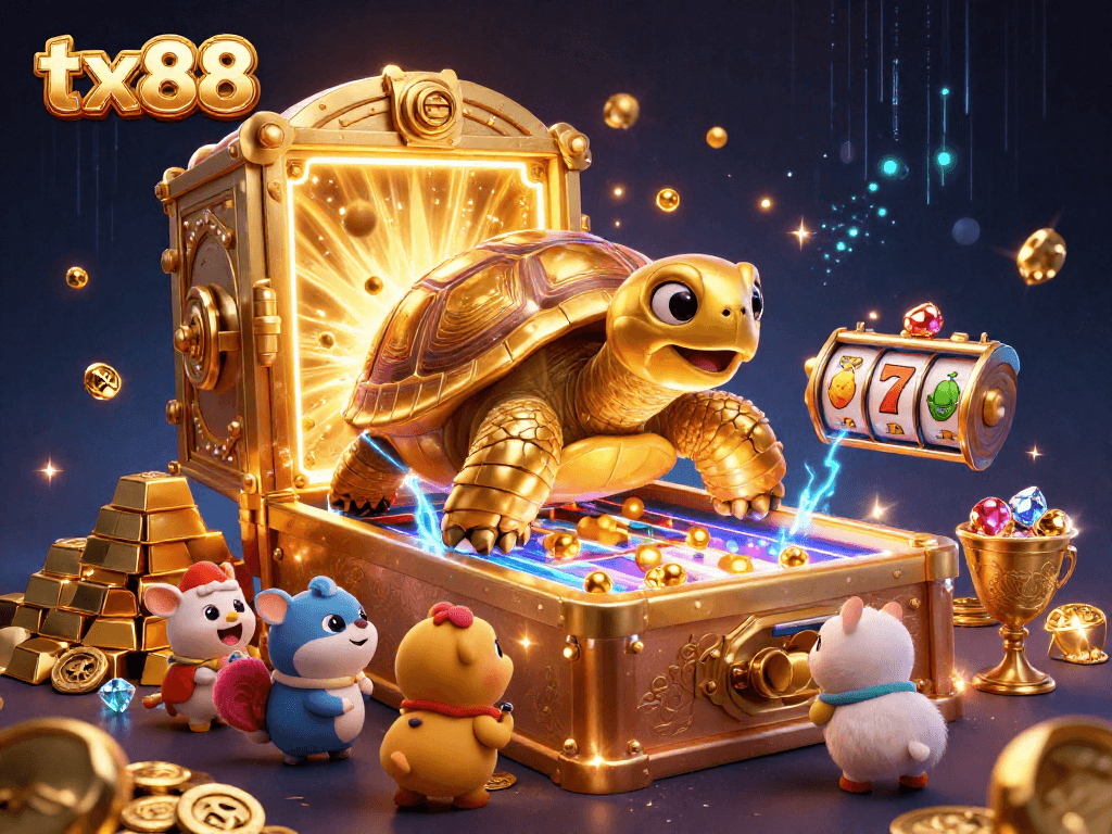 Engage with tx88's vibrant casino scene featuring a colossal tortoise playing pinball amidst sparkling treasures.