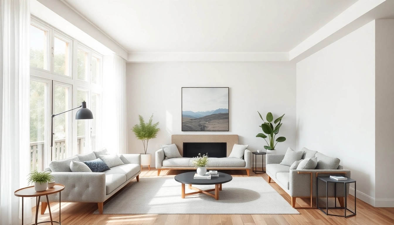 Elegante Raumgestaltung in einem modernen Wohnzimmer mit großen Fenstern, warmen Holztönen und stilvollen Kunstwerken.
