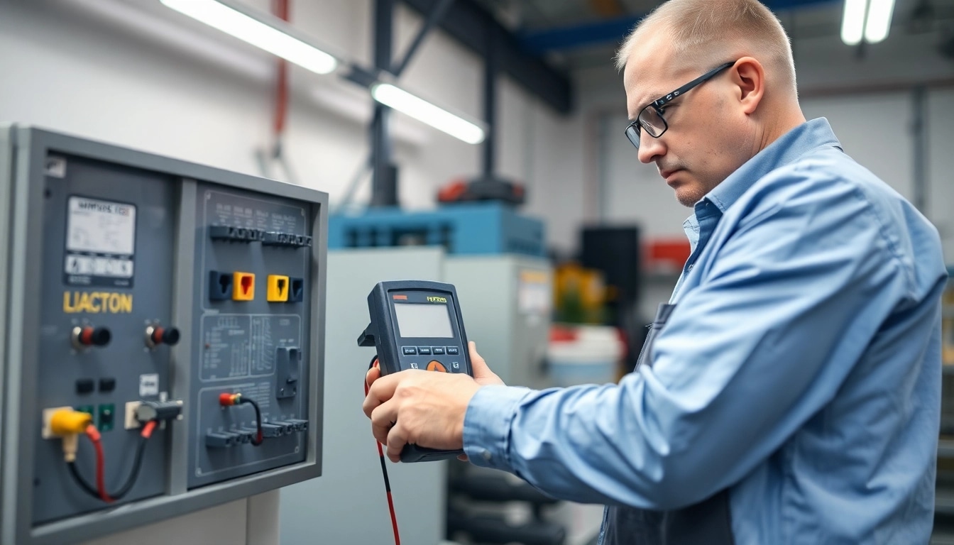 Technician performs Prüfung ortsveränderlicher elektrischer Betriebsmittel on equipment in a professional setting.