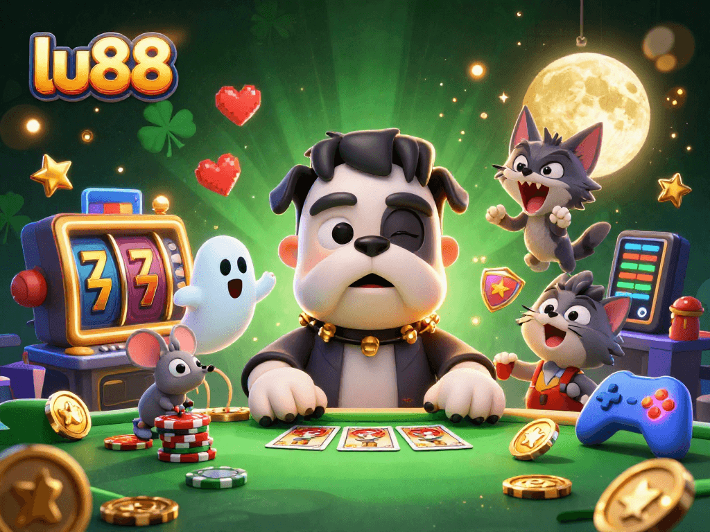 Experience the thrill of lu88 as a Frankenstein bulldog deals cards amidst slot machines and magical elements.