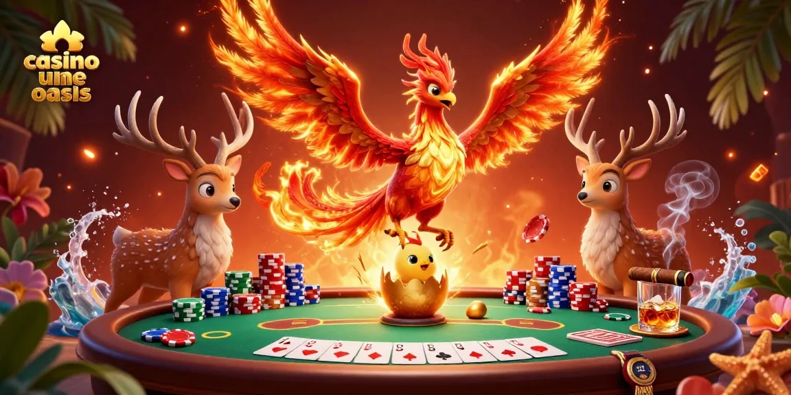 Experience thrilling poker action at a casino ohne oasis with a vibrant scene featuring a phoenix and mystical elements.