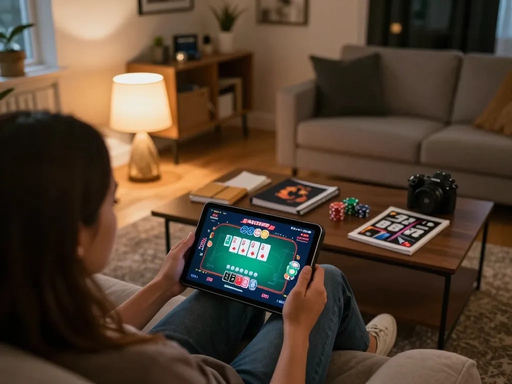Engaging in online poker with Rik vip at home, showcasing cozy gaming setup and strategy notes