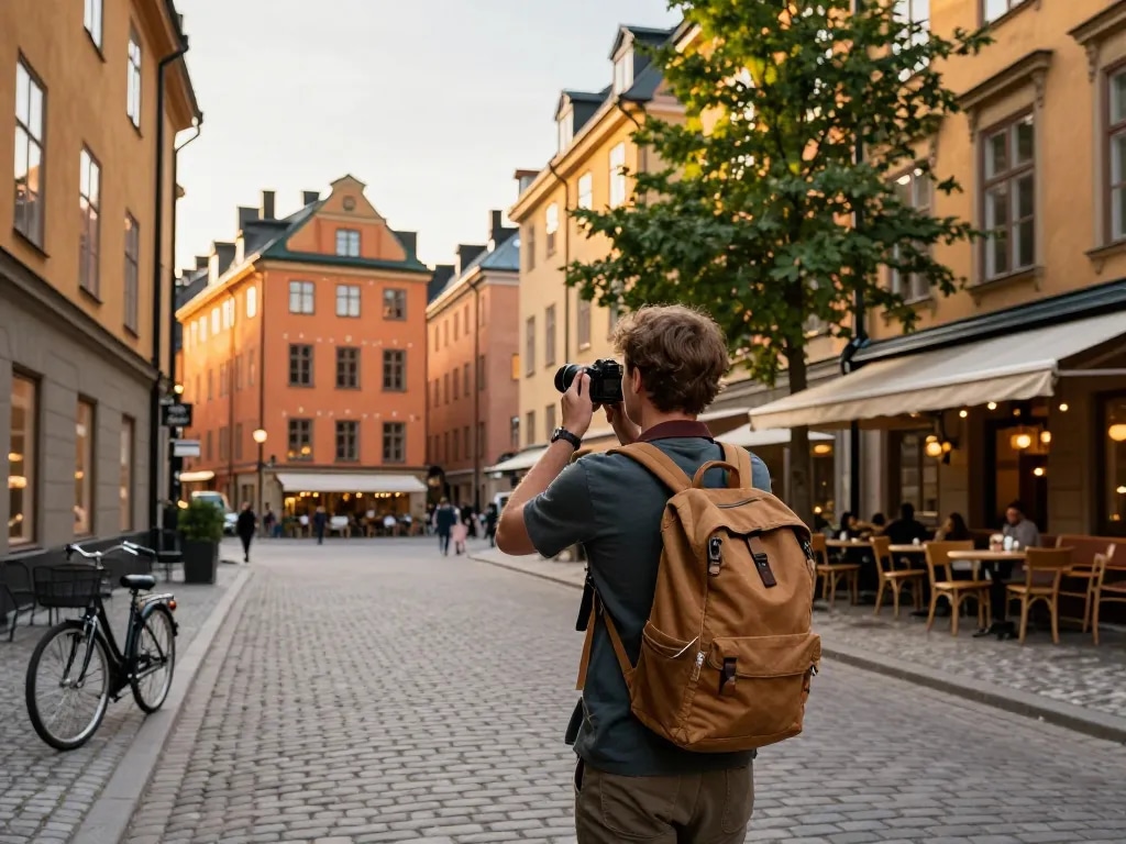 Reisetipps in Stockholm: ein Reisender, der Momente in Gamla Stan mit historischen Gebäuden und Cafés festhält.