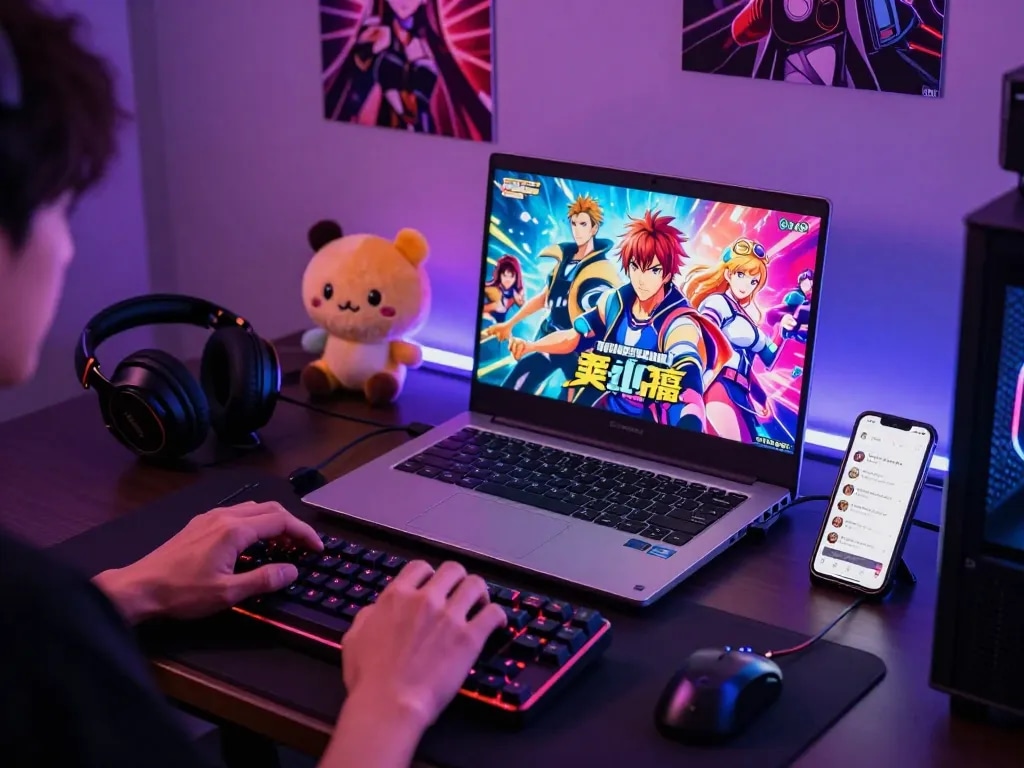 Engaged gamer playing porn games on laptop with vibrant graphics and gaming accessories in cozy neon-lit room.