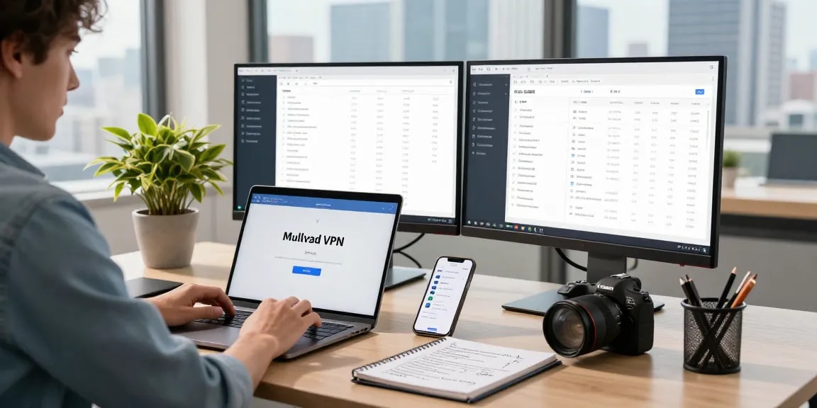 Mullvad VPN Test in a professional tech workspace with multiple screens, showing security analytics and setup.