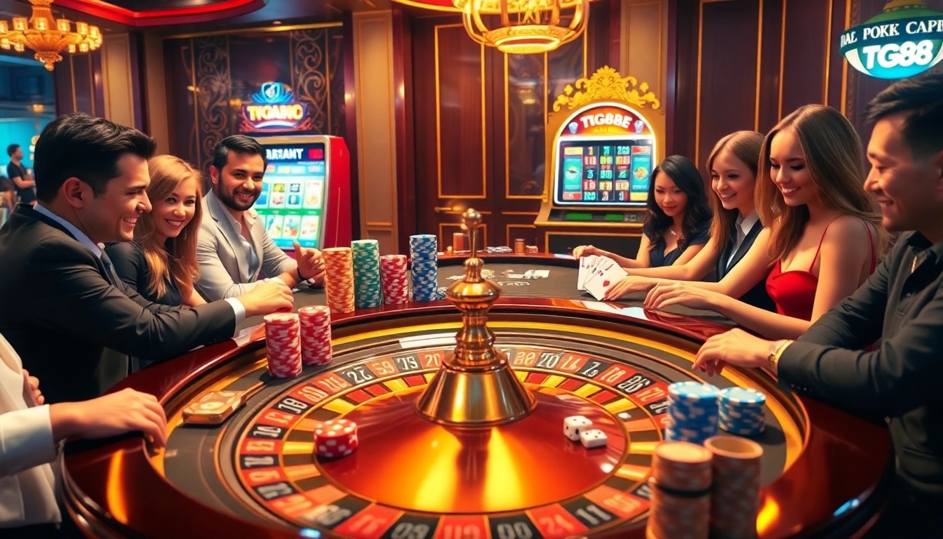 Engaged gamblers enjoying the tg88 game at a luxurious casino with a vibrant roulette table.