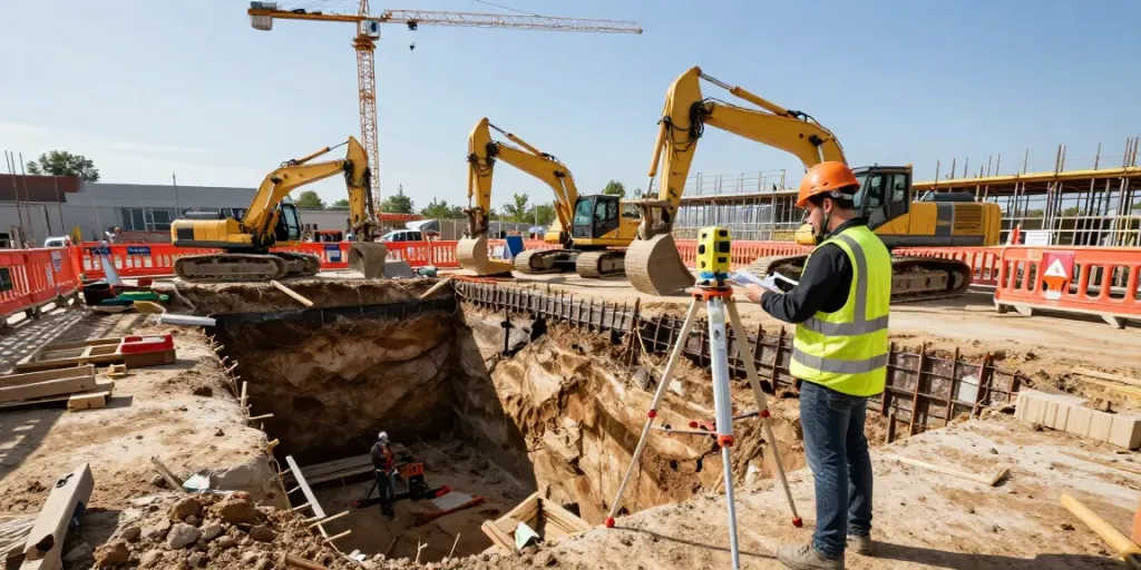 Baugrubensicherung auf einer Baustelle mit Facharbeiter und schwerem Gerät