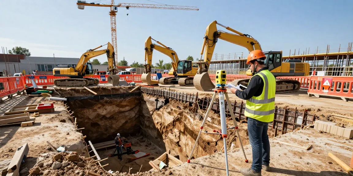 Baugrubensicherung auf einer Baustelle mit Facharbeiter und schwerem Gerät