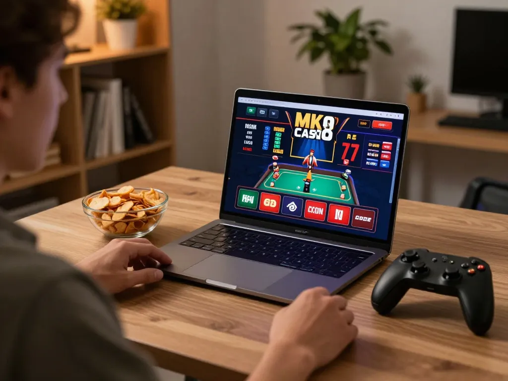 Engage in the mk8 online casino experience with a vibrant poker game on a sleek laptop.
