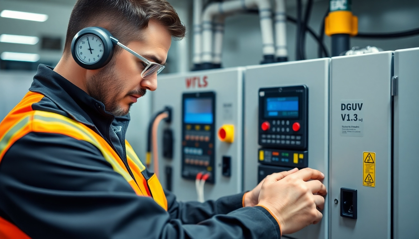 Technician conducting a DGUV V3 Prüfung on electrical equipment to ensure workplace safety.