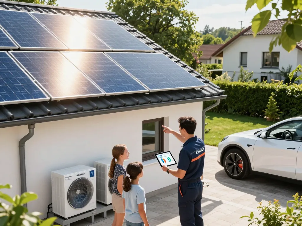 Familie bespricht die Installation von Photovoltaik Wien mit einem Fachinstaller in einem modernen Zuhause, das Lösungen für Solarenergie präsentiert.