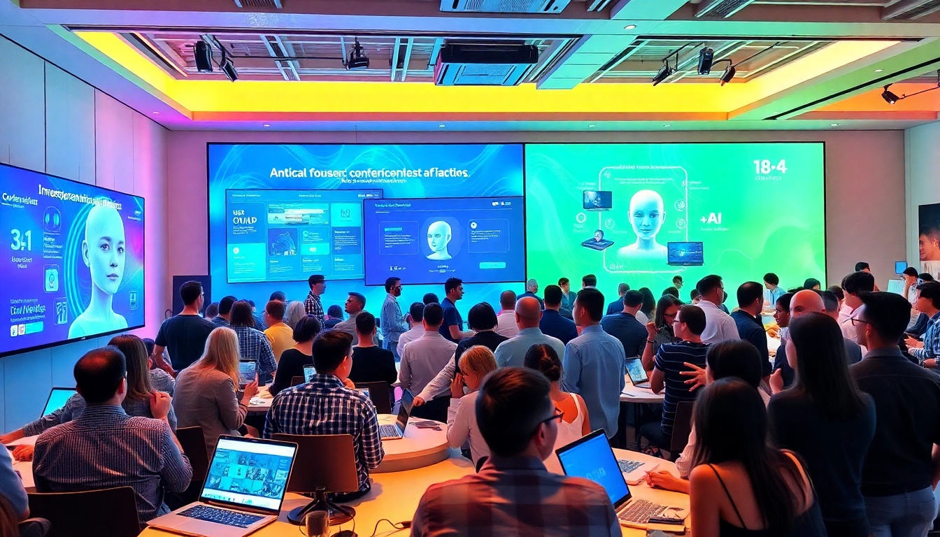 Professional networking at a vibrant tech conference showcasing 18+ ai innovations.