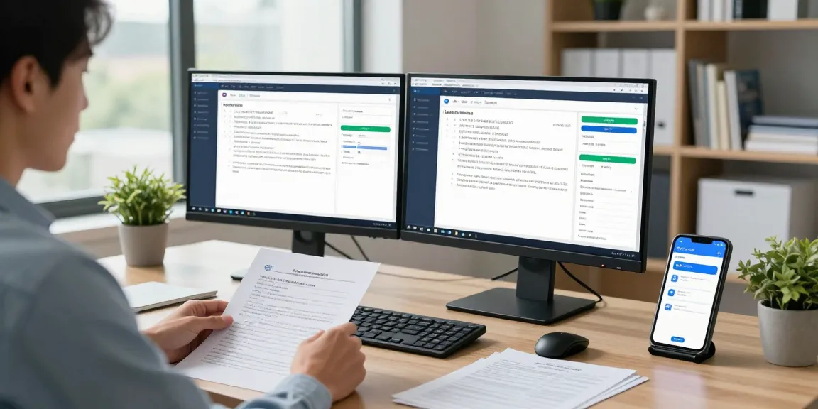 Person engaged in document fraud detection analysis in a modern office, showcasing software on monitors.