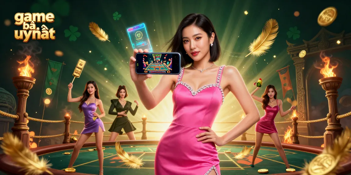Engage in game bài uy tín with a stunning Asian woman showcasing a live dealer casino game on her smartphone amidst vibrant casino elements.